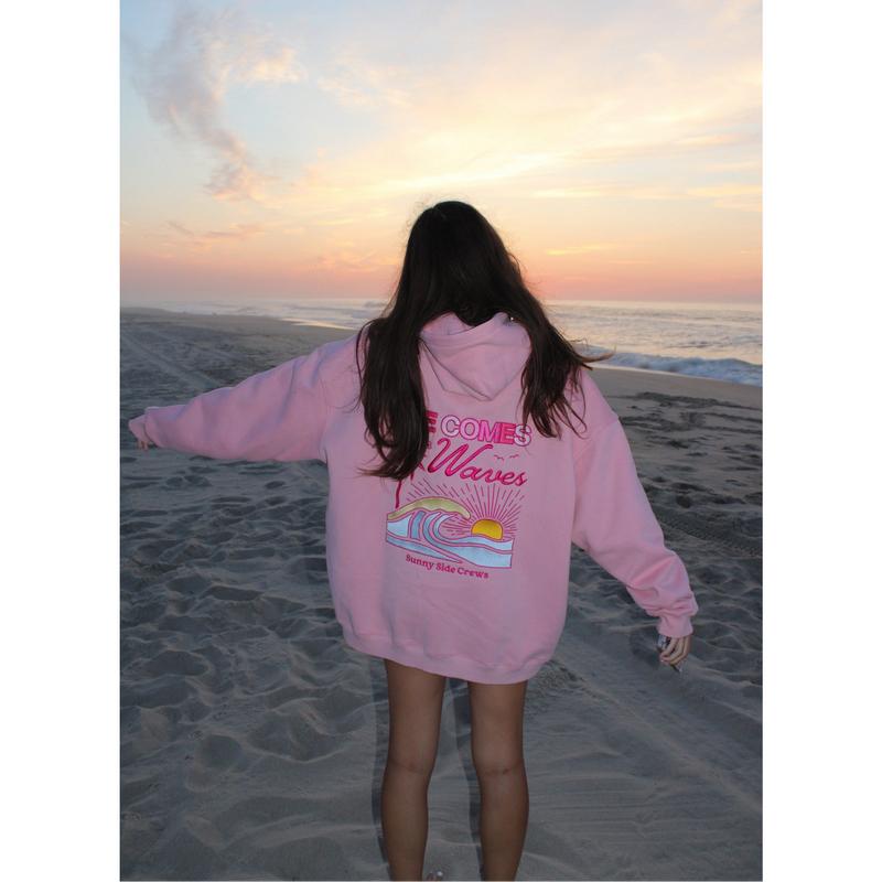 “Life Comes in Waves” Oversized “Blush Shores” Embroidered Hoodie