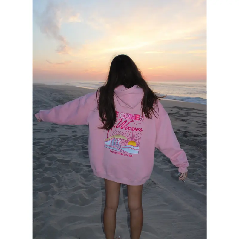“Life Comes in Waves” Oversized “Blush Shores” Embroidered Hoodie