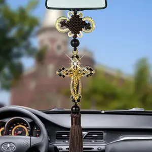 Alloy diamond-encrusted cross car pendant, Chinese knot rearview mirror decoration, car interior ornament, car hanging ornament