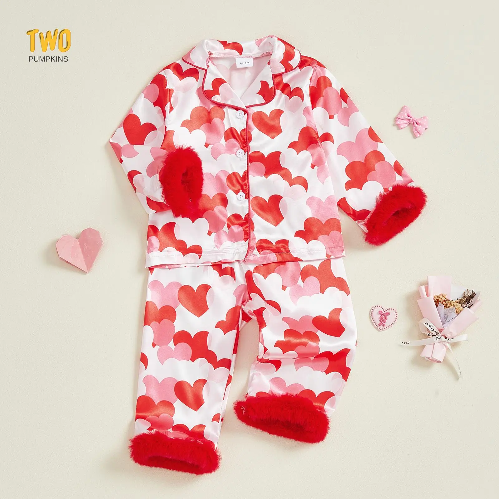 Toddler Girl Valentine's Day Satin Pajamas Set Baby Silk Pjs Heart Button Down Shirt Long Pants Sleepwear Spring