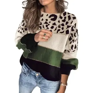Autumn Winter New Color-Block Knitted Sweater for Women Round Neck Base Sweater with Leopard Print Drop Shoulder Design Casual Chic Essential Style Fashion Blue Crewneck Long Sleeve Top Knitwear Womenswear