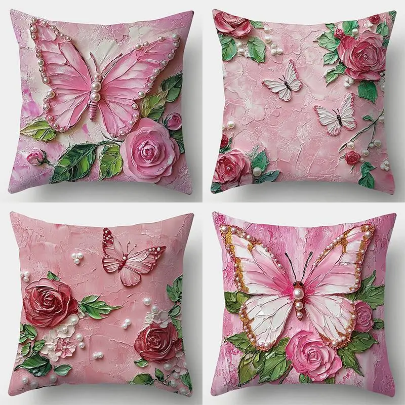 Butterfly & Floral Pattern Cushion Cover, Square Throw Pillow Cover, Household Decoration Supplies for Home Living Room Bedroom, Home Textile