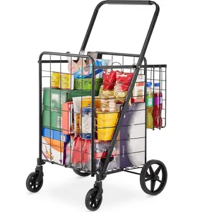 Folding Shopping Cart, Jumbo Grocery Cart 110 LBS, Heavy Duty Utility Cart with Double Baskets, 360 Wheels for Laundry, Groceries, Luggage Default