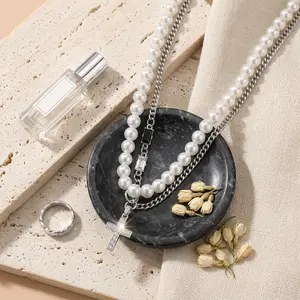 Stop tarnishing Hypoallergenic double circle pearl and cross chain set for women, rust proof and shiny, perfect for beach vacation wedding guest or queening every day, great gift for her