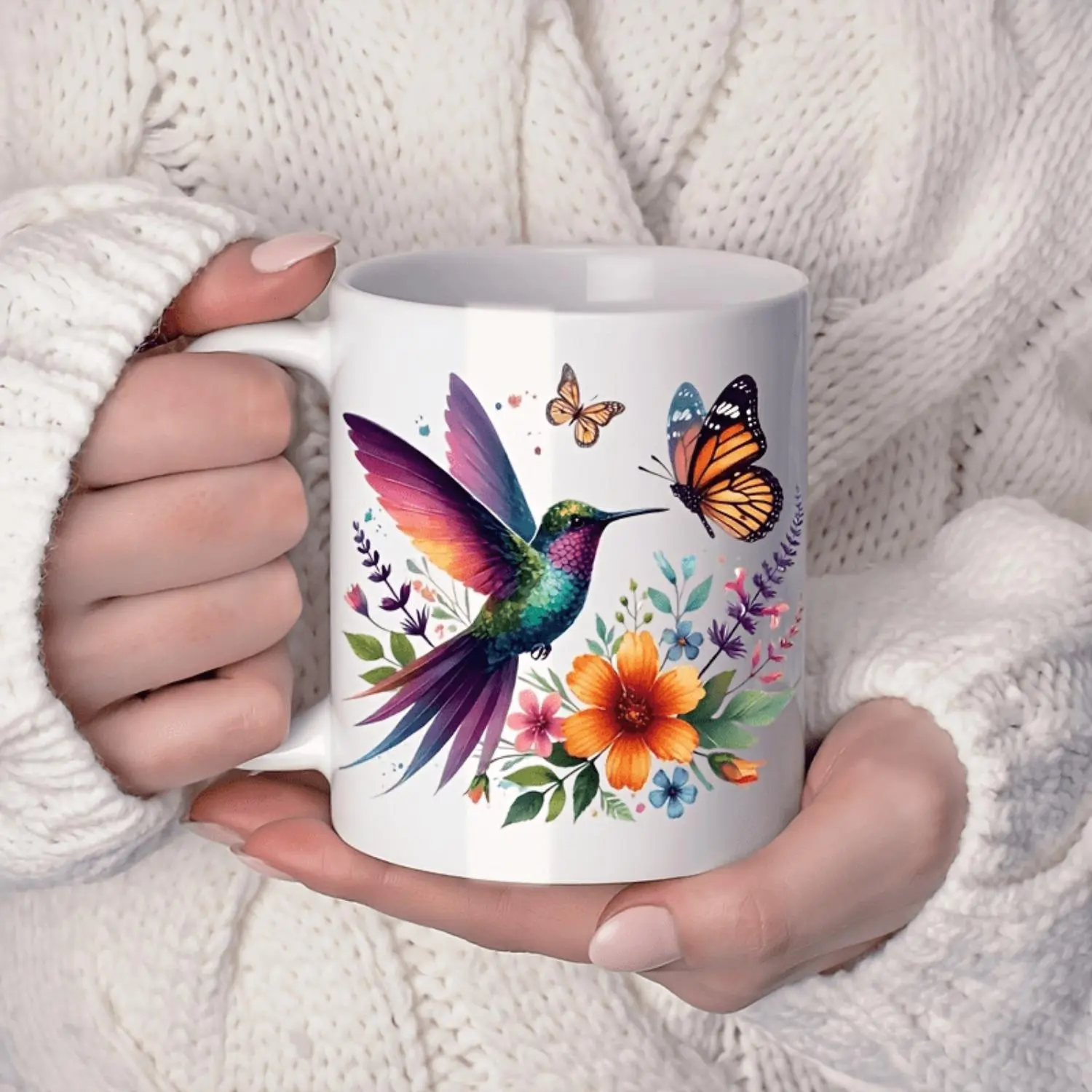 Hummingbird and Floral Themed Ceramic Mug for Elegant Home Decor
