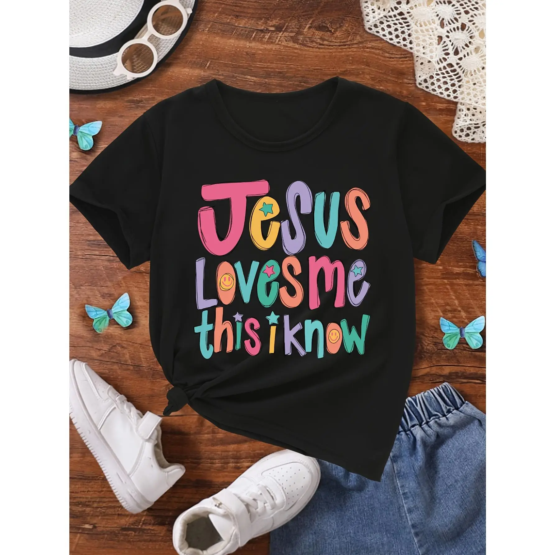 Vibrant Look, Kids' "Jesus Loves Me This I Know" Colorful Letter Print T-Shirt - Soft Cotton, Crew Neck, Short Sleeve, Playful Graphics for Boys & Gir