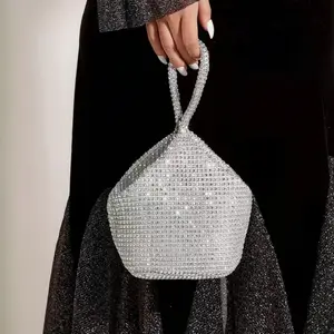 Rhinestone Decor Bucket Bag Mini Drawstring Design, Clear Bag  Faux Pearl Bag Evening Bag, Dinner Bag Glamorous, Elegant, Exquisite, Quiet Luxury Rhinestone for Party Girl, Woman, Bride Dinner Banquet Christmas Party Dress