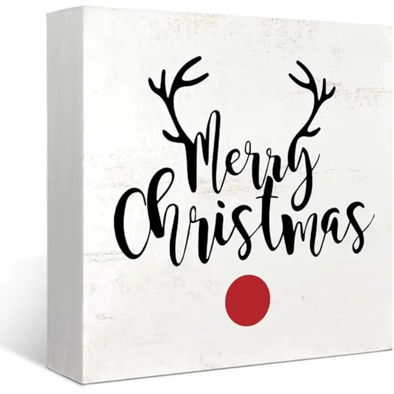 Merry Christmas Decor Sign,Country Christmas Reindeer Decorations Indoor Wood Box Signs,Rustic Xmas Decor for Home Bathroom Bedroom Kitchen Office Desk Table Shelf Wall,Xmas Gifts for Women,5x5 Inch