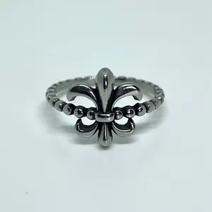 Stainless Steel Fleur-de-Lis Ring – Silver-Tone Beaded Stacking Band