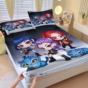 K-Pop Anime Girl Group Fitted Sheet Set, 1 Bed Cover & 2 Coreless Pillowcases, Black-White Gradient Background, Dark Cool Girl Warrior and Blue Cute Pet, Soft Breathable Fabric, Gift or Bedroom Decor