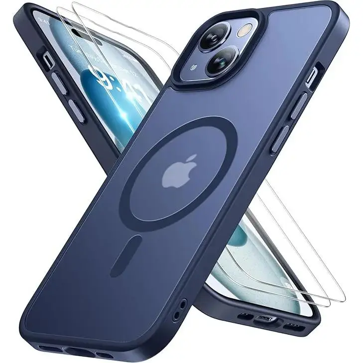Entronix Apple iPhone 14 Plus [Magnetic-Compatible] Clear Case & 2 Tempered Glass Screen Protectors Wireless Metallic Cellphone Smartphone