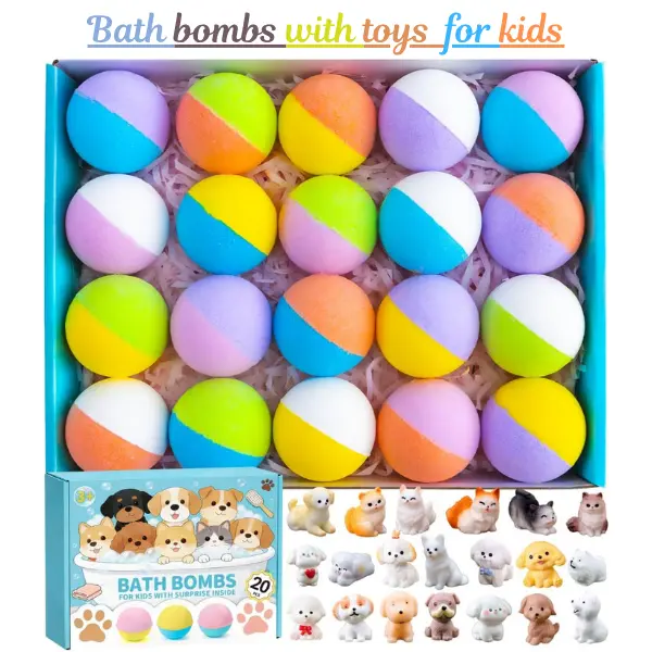 Kids Bath Bombs (20-Pack) with Toys Inside, Non-Toxic Cornstarch Fizzies for Skin Repair, Handmade Ammonia-Free Birthday Party Bath & Body Care Gift Set, Bath Bombs For Kids