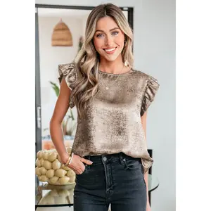 Gold Metallic Round Neck Ruffle Trim Sleeveless Top