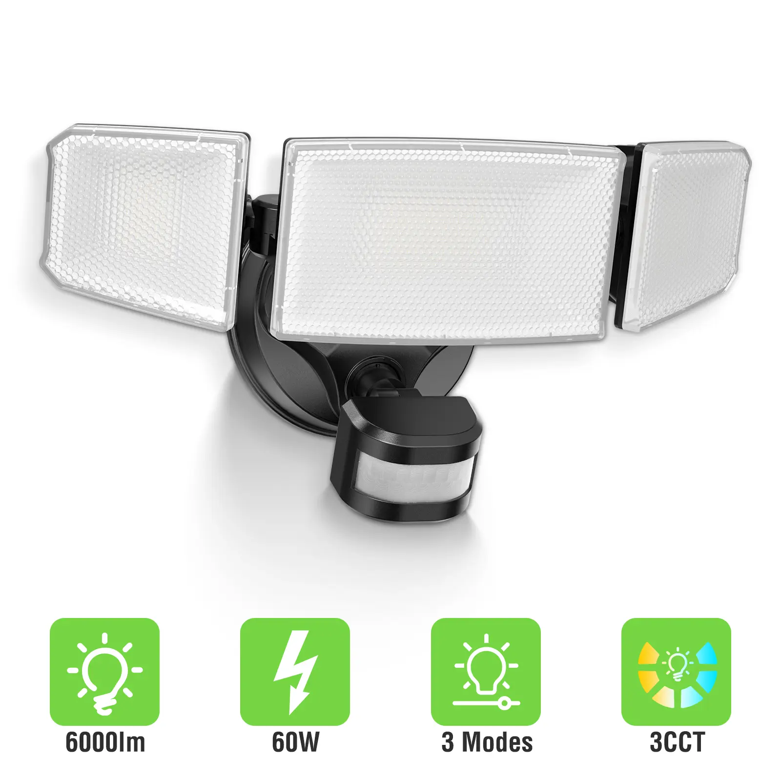 ALUSSO LED Motion Sensor Outdoor Wall Light - 60W 6000LM Aluminum 3-Mode 3-Head Exterior-Grade Artificial Lighting, Adjustable Color Water Resistant Security Light for House, Garage, Wet Locations (Black), Outdoor Wall Lights