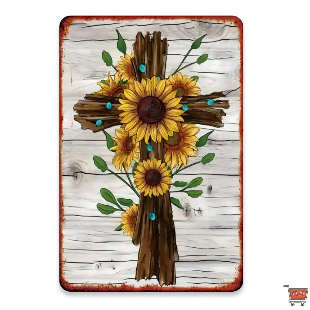 Sunflower Cross Theme Metal Sign Art Set of 1, Flat Printed Iron Wall Decor 8x12 inch for Bar, Café, Club Vintage Aluminum Sunflower Welcome Sign Vintage Sunflower Butterfly Tin Sign metal wall sign Vintage Metal Tin Sign home decor plaque funny bar sign