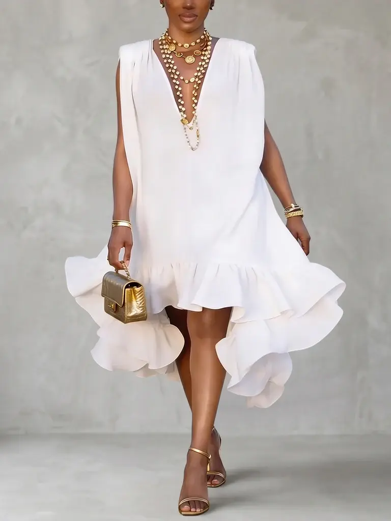 Women Casual Asymmetric High-Low Mini Summer Dress Deep V-Neck Gathered Ruffles Solid Color Ruffled Trim Trendy Womenswear for Night Out Party Going Out