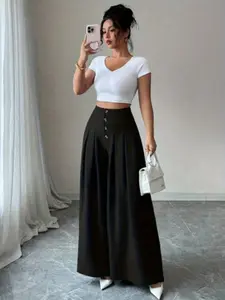 Elegant High-Waisted Wide-Leg Pants, Bottom Commuter Style Drapey Slimming Long Trousers, Front Button Decor, Ruched Fit, Suitable for Work, Dates, Casual