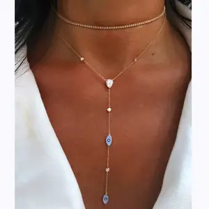LUXJELWEL - enamel evil eye charm necklace Cute lovely eye white cz link chain long Y lariat women sexy necklaces jewelry