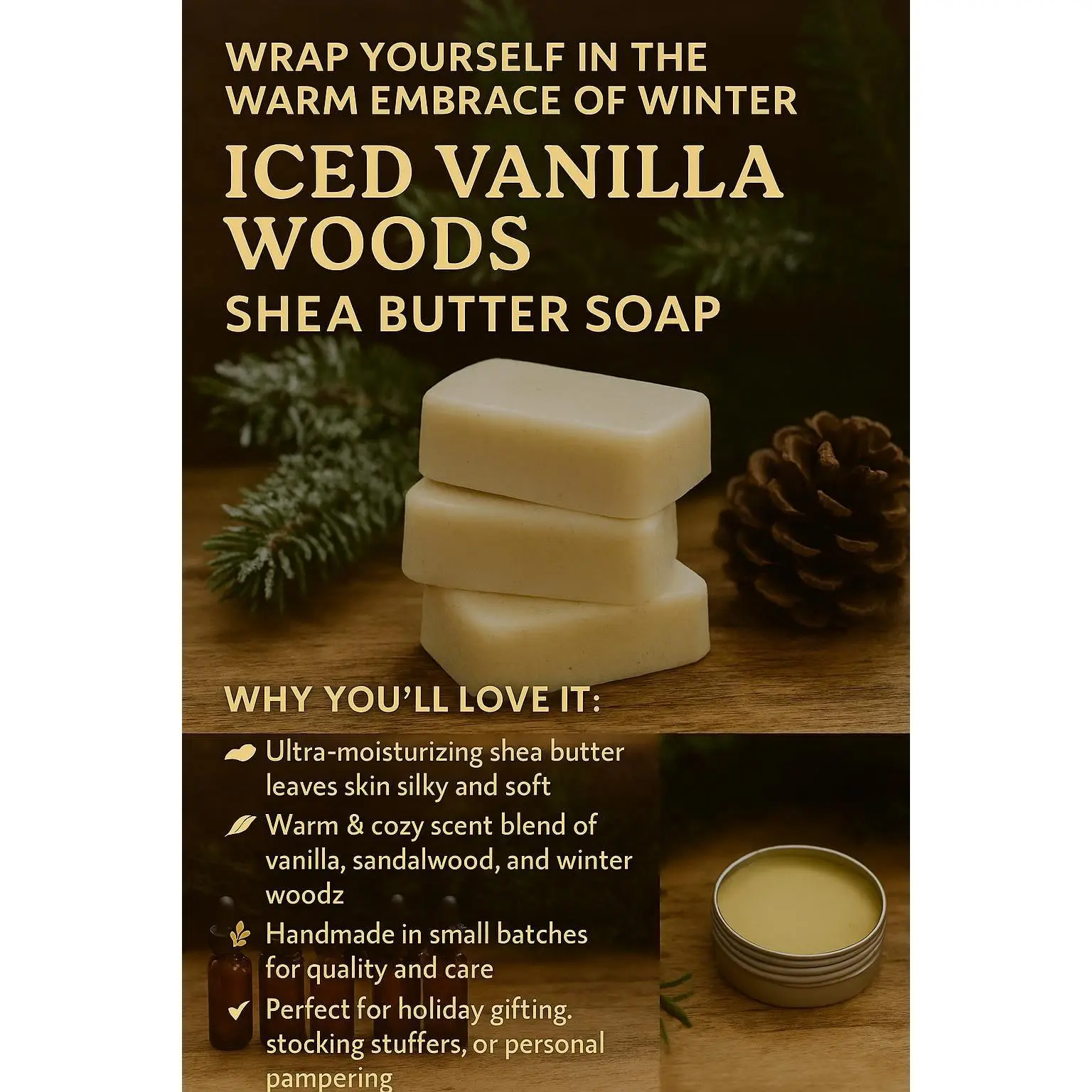 Handmade Small-Batch Iced Vanilla Woods Shea Butter Soap - 100g Hydrating Aroma-Scented Solid Body Wash, Blend, Silky Softness, All Skin Types, Winter Skincare, Holiday Stocking Stuffers