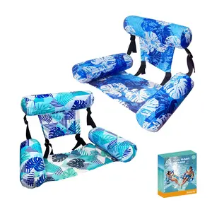 2pc Blue Large Adult Inflatable Pool Lounger, Pool Seat with Cup Holder, Floating Chair Bed, Leaf Pattern Hammock Pad, Summer Water Activities Gift