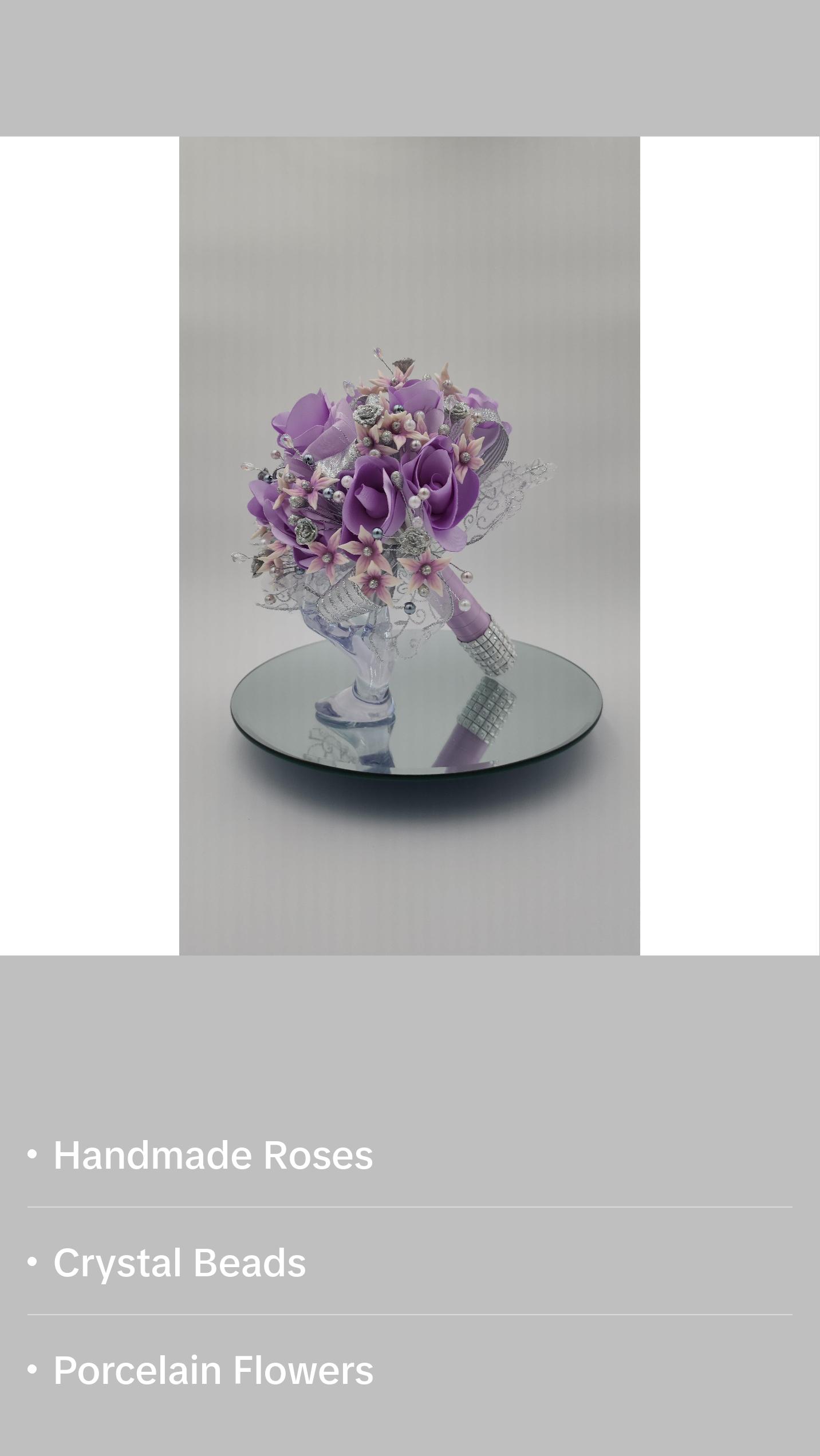 Lila Silver Artesanal Satin Flower Quinceanera Bouquet with Handmade Porcelain Flowers and Silver Accents Decorative Floral Arrangement