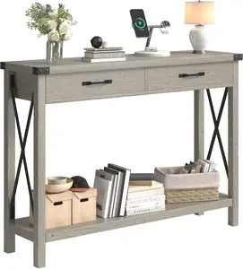 【GARVEE】Gray console table, entryway console with 2 drawers, wooden sofa table with shelf, X-shaped design, metal corner protectors, for entryway, living room, hallway, 109 x 30.5 x