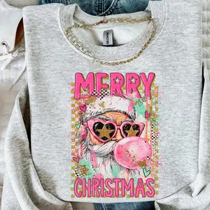 Merry Christmas Santa Sweatshirt – Faux Glitter Pink Brushstroke Santa Crewneck – Preppy Christmas Sweatshirt for Women – Trendy Holiday Outfit – Cozy Fleece Sweater Gift