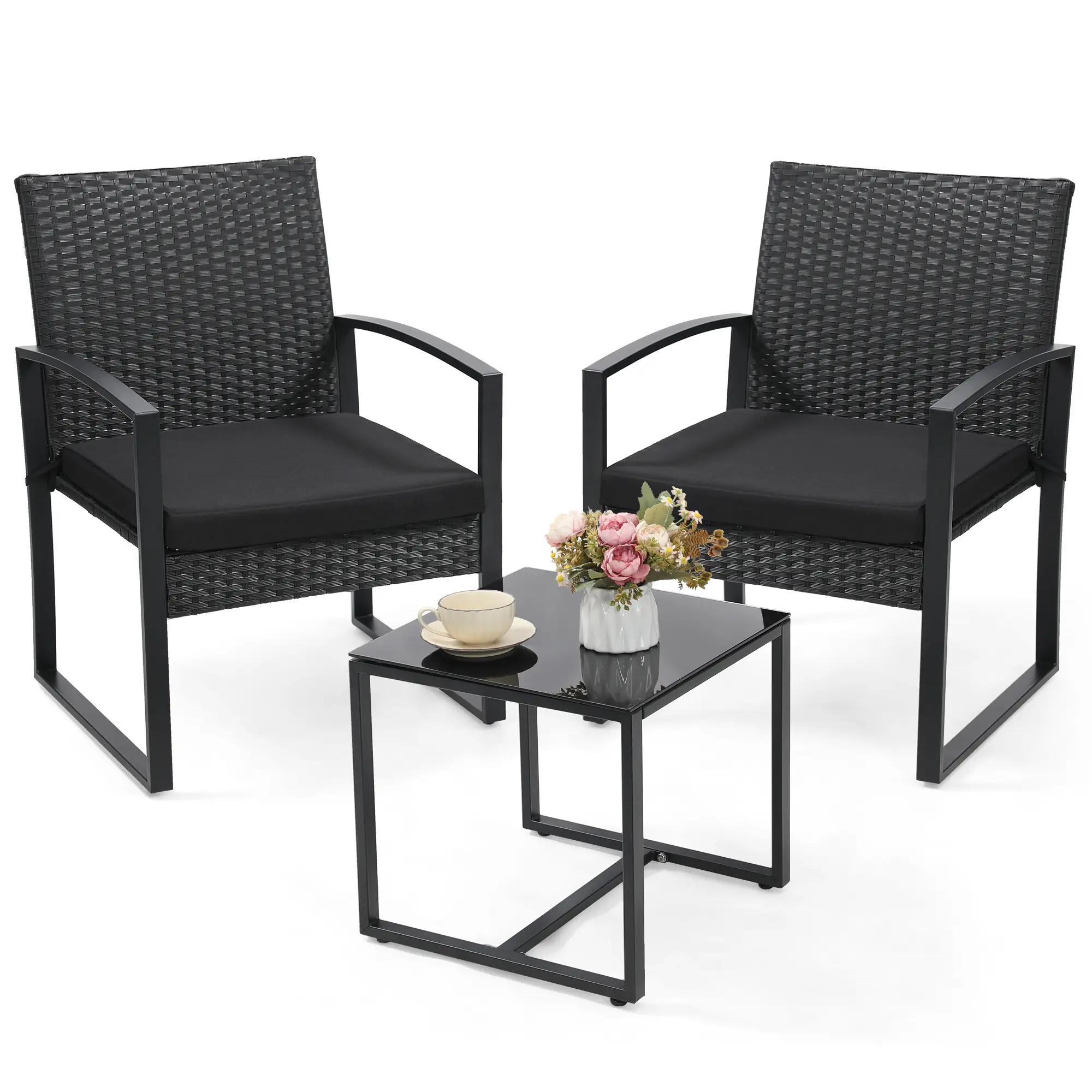 3 Piece Wicker Patio Bistro Set, Rattan Conversation Set with Tempered Glass Coffee Table for Balcony，Patio，Garden. Black Frame with Beige Cushions，Id
