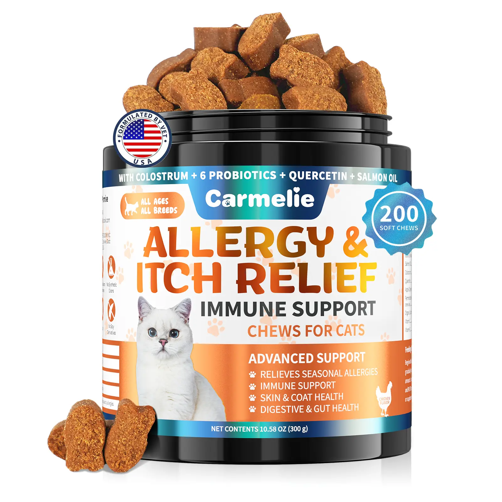 #SummerWins #DealsForYouDays Carmelie Allergy & Immune Bites for Cats – Soft Chews with Omega-3 & Probiotics for Itchy Skin, Paw Licking & Seasonal Allergies – Chicken Flavor, 200 Chews