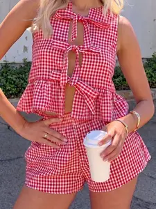 2 Piece Set, Plaid Sleeveless Cropped Tie Top and High Waist Loose Shorts, Bow Tie Design, Classic Plaid Pattern, Womenswear, Suitable for Adult Women, Daily Travel Vacation Outfits, Women Casual Clothing Suit