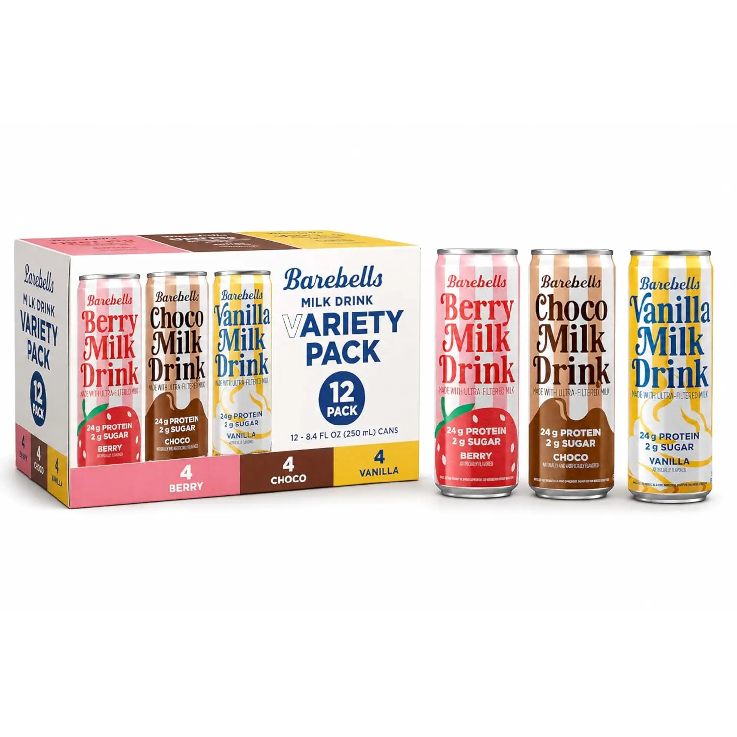 Berry Choco Vanilla Milk Drink Variety Pack 12 Cans 24g Protein 2g Sugar Each Flavor