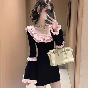Black Tweed Lace Collar Knit Dress,2026 New Autumn Winter Sweet Waist-cinched Flare Sleeve Mini Dress