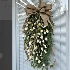 Reed Flower Eucalyptus Wreath, All-Year Round Door Decor, Rice Color Teardrop Fringe, Unique Gift, Home Decoration