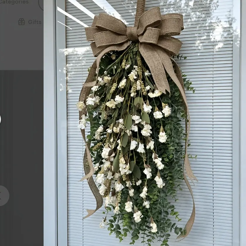 Reed Flower Eucalyptus Wreath, All-Year Round Door Decor, Rice Color Teardrop Fringe, Unique Gift, Home Decoration, Elegant Decor, Party Decoration, Modern Elegant Decoration, All Season Decor, Boho Decoration