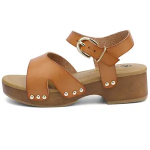 SHOESLOCKER Girl's Retro Vintage Faux Leather Tan Low Block Heel Platform Sandals - Adjustable Gold-Tone Buckle Closure, Cutout Straps, Non-Slip Outsole, Summer Kids' Footwear Shoe