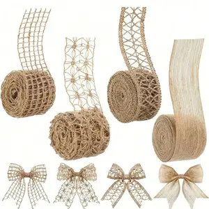 Natural Jute Ribbon Set 4 Pieces 2m Roll, Lace Eyelet Ribbons, DIY Decorative Packaging Bows, Perfect for Holidays Parties Weddings