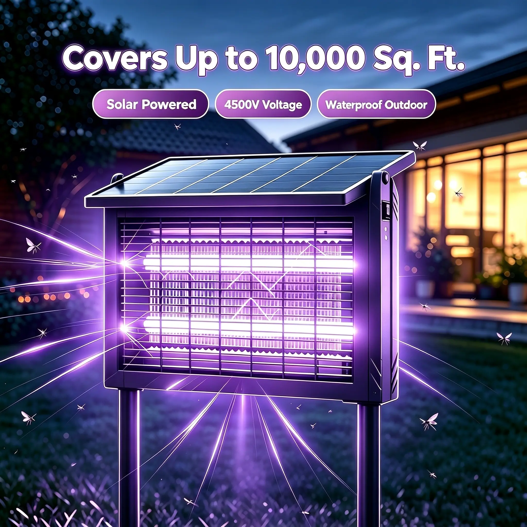 Aeroguard Pro Solar Outdoor Electronic Mosquito Killer Bug Zapper, 4500V Stainless-Steel Grid, 6000mAh All-Night Battery, USB-C Fast Charge, 10FT Extension Cable, 0.5 Acre Coverage for Backyard Patio