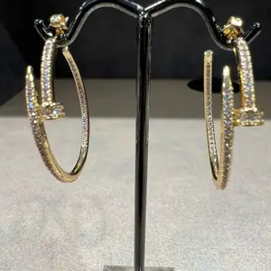 18K Yellow gold plated Nail inside/outside cubic zirconia hoop earrings 35mm