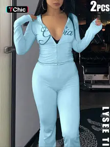 2pcs autumn and winter light blue spicy girl letter print Long Sleeve hooded zipper cardigan micro flared pants sexy street trend Style Fashion Womenswear women's set