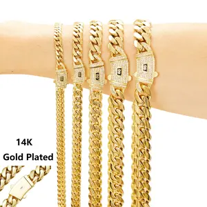 6-10mm Bling Gold Color Stainless Steel Cuban Miami Chains Necklaces CZ Zircon Box Lock Link Chain for Men Hip Hop Rock jewelry