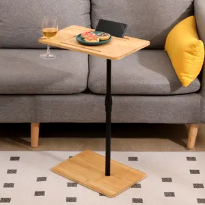 【GOOGREAT】Bamboo Couch Tray Table Height Adjustable C-Shaped End Table with Slots 2 Tier Sofa Side Table for Living Room & Bedroom (Rectangle + Rectangle)