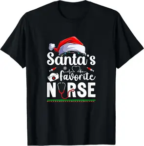 100% Cotton Santa's Favorite Nurse, Cool Christmas Nurse Graphic Outfit T-Shirt