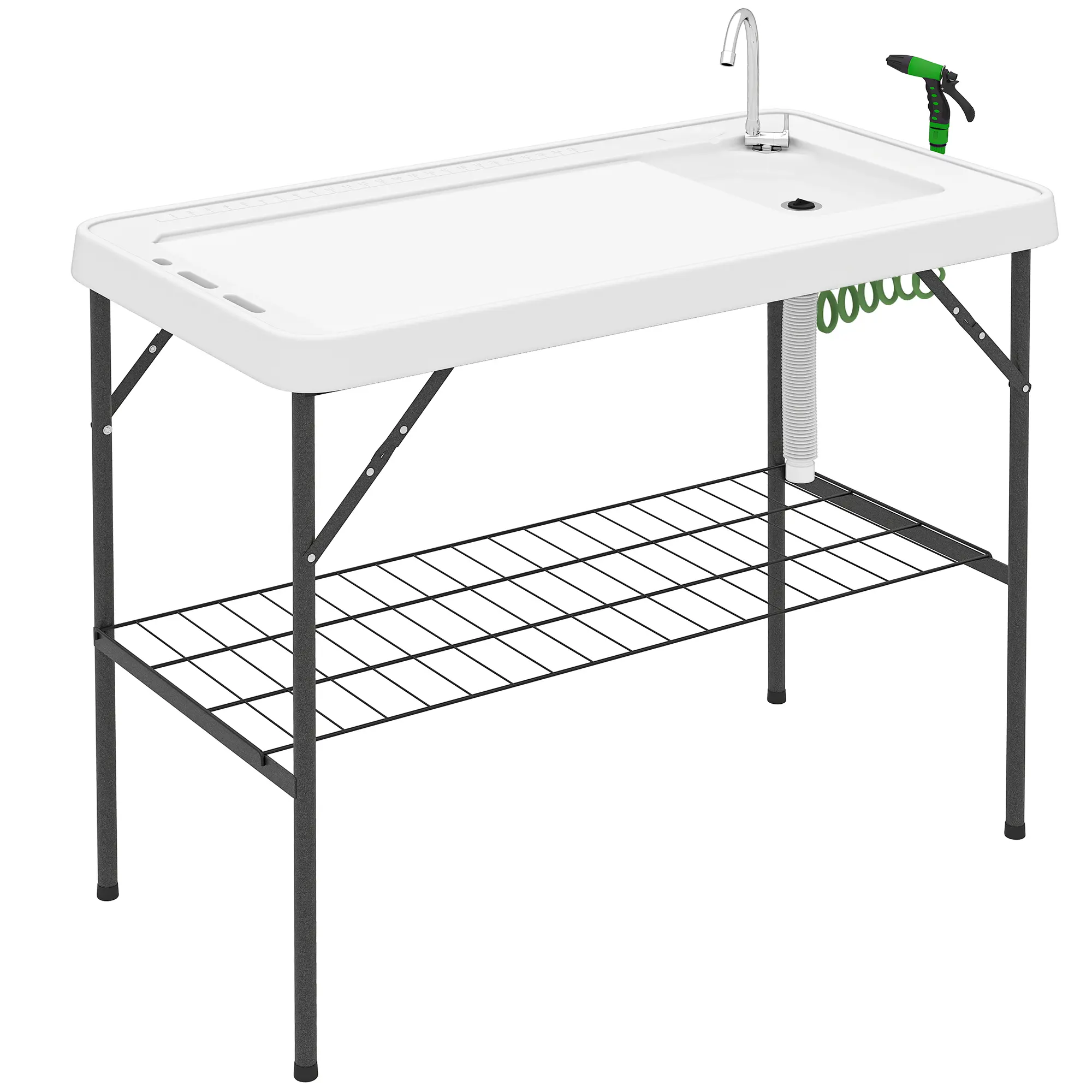 Folding Fish Cleaning Table with Integrated Sink, Complete Water System Including Stainless Steel Faucet, Sprayer Nozzle 3-Way Hose Connector & Adjustable Drainage Hose, Built-In Knife Storage Grooves and Spacious Bottom Shelf