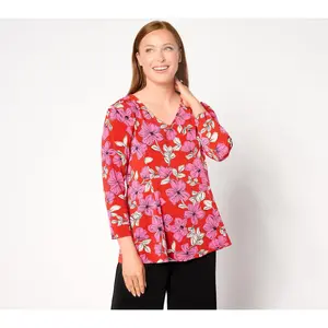 Susan Graver Printed Textured Liquid Knit 3/4-Sleeve Fit & Flare Top