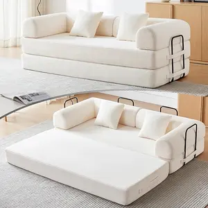 EBELLO 5-in-1 Convertible Folding Mattress Couch | Futon Sofa Bed with Armrests for Living Room Bedroom Office, Beige White