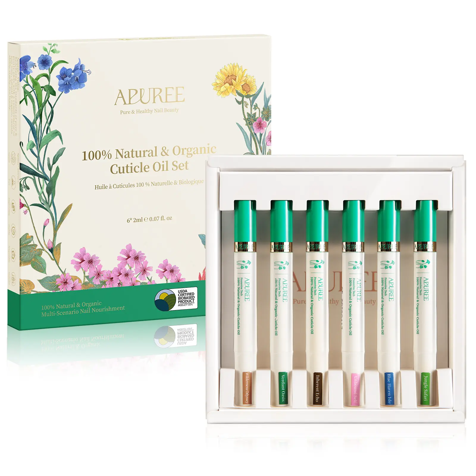 APUREE 6PCS Organic Cuticle Oil Set - 100% Bio-Based Nail Treatment for Dry, Cracked, Peeling Cuticles, Manicure Repair, USDA Verified, Hexane-Free, Vegan, Sensitive Nail Care, Gentle, Daily, Natural, Fragrance Free, All Skin Types, Travel Size