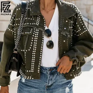 FKZNPJ 2024 washed denim rivets women's jacket street fighter biker trench coat Womenswear Tops the original paige poster Collared Long Sleeve