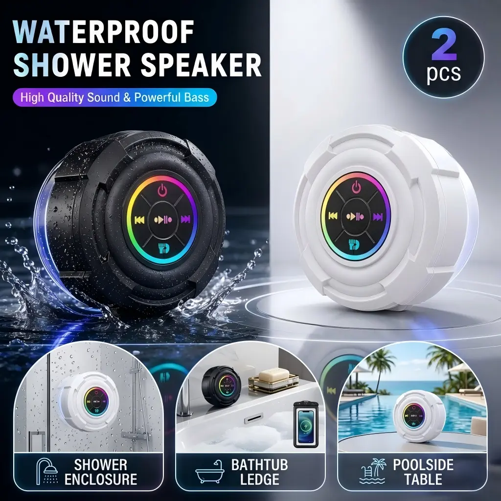 2 Pack Waterproof Shower Speaker, Portable Bathroom Speaker with Suction Cup for Smooth Surfaces, IPX4 Water Resistant Speaker Set for Shower, Bath, Poolside and Outdoor Use