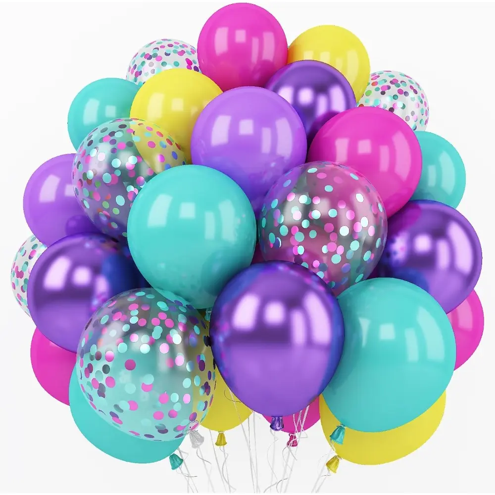 60-Piece 12-Inch Mixed Color Balloons Set with Confetti & Pure Helium Compatibility - Hot Pink, Metallic Purple, Teal, Yellow, Photo-Friendly Decor, Pump Included for Kids Magic Theme Birthday Supplies, Reusable, Latex