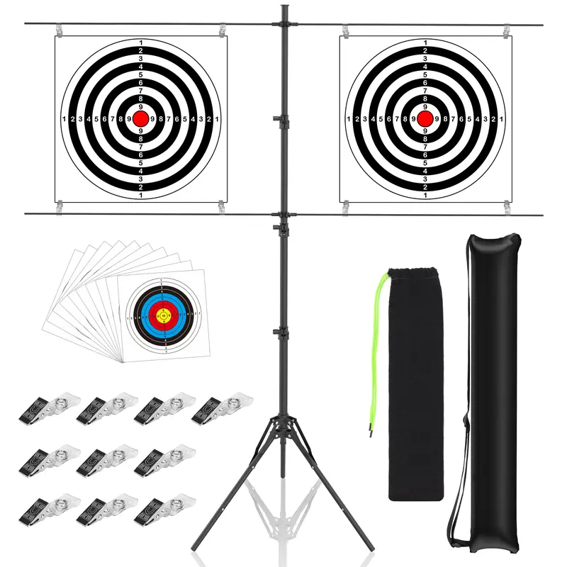 Portable Foldable Metal Tube Shooting Target Stand with Twist Lock, Carrying-Friendly, 20"-40" Adjustable Height, 3"-23" Range Set, 10 Clips, 10 Bullseye Sheets, Sandbag, Holds 2 Sheets at Once for Backyard Practice
